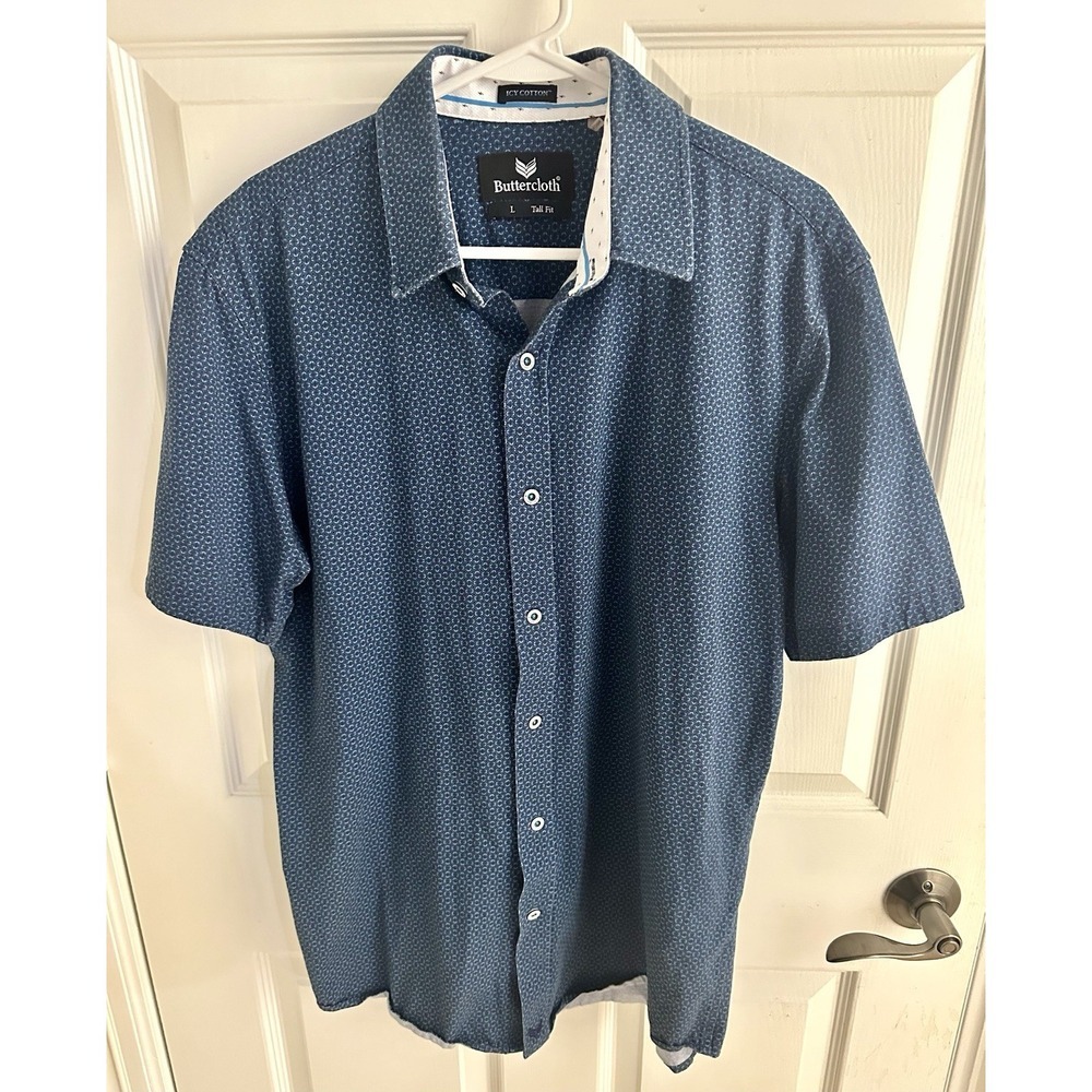 Buttercloth Icy Cotton Men's Short Sleeve Tall L LT Blue Geometric Button-Up - Picture 2 of 10